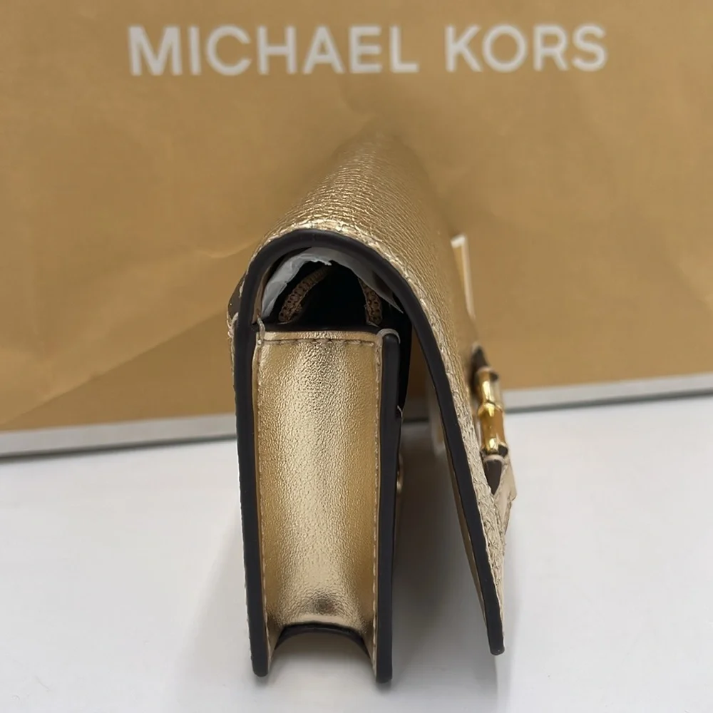 MICHAEL KORS Carson Small Metallic Pebbled Leather Wallet Pale Gold  NWT